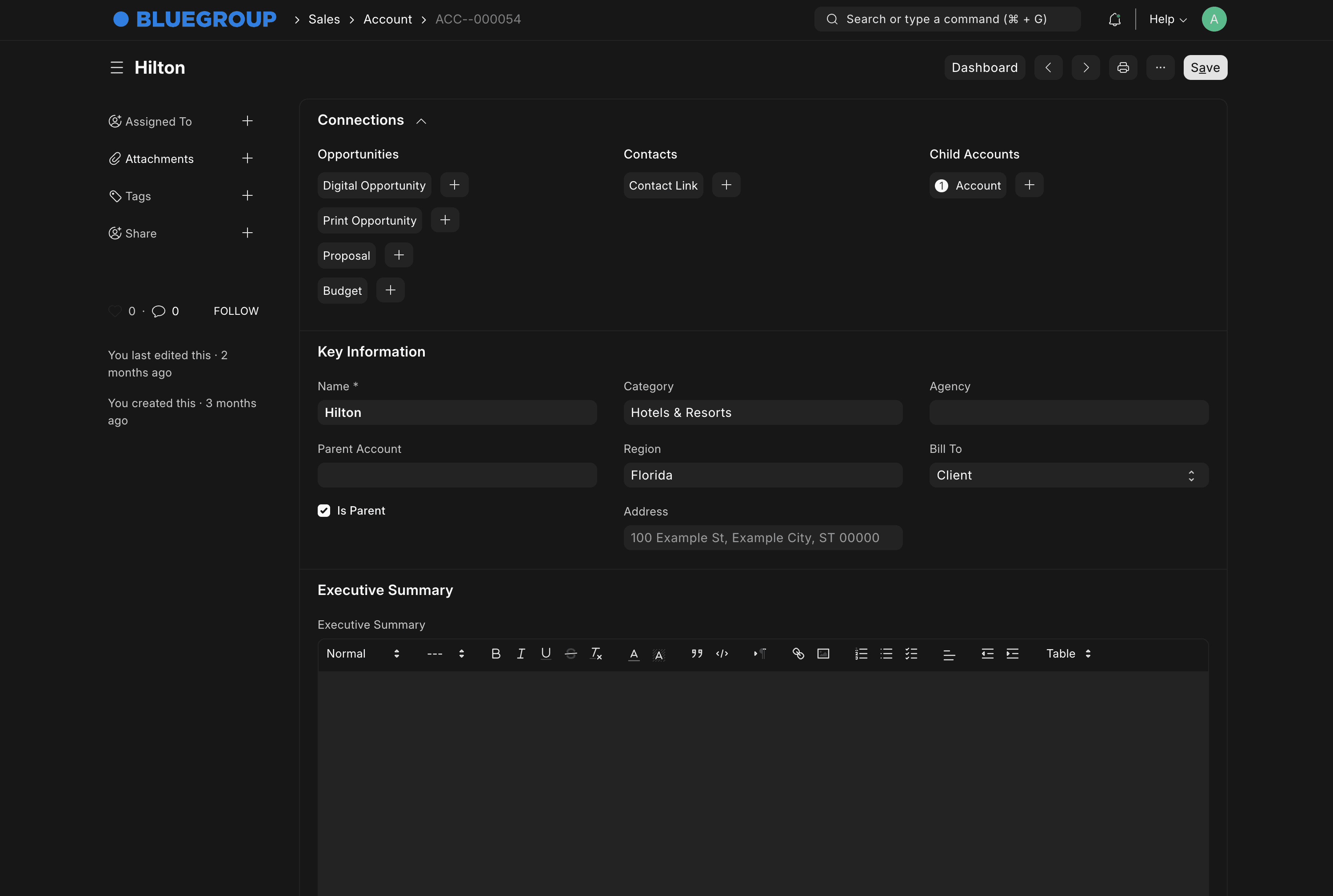 An account record in the agency CRM, linking the client to its digital and print opportunities, proposals, and budgets alongside key account fields and an executive summary.