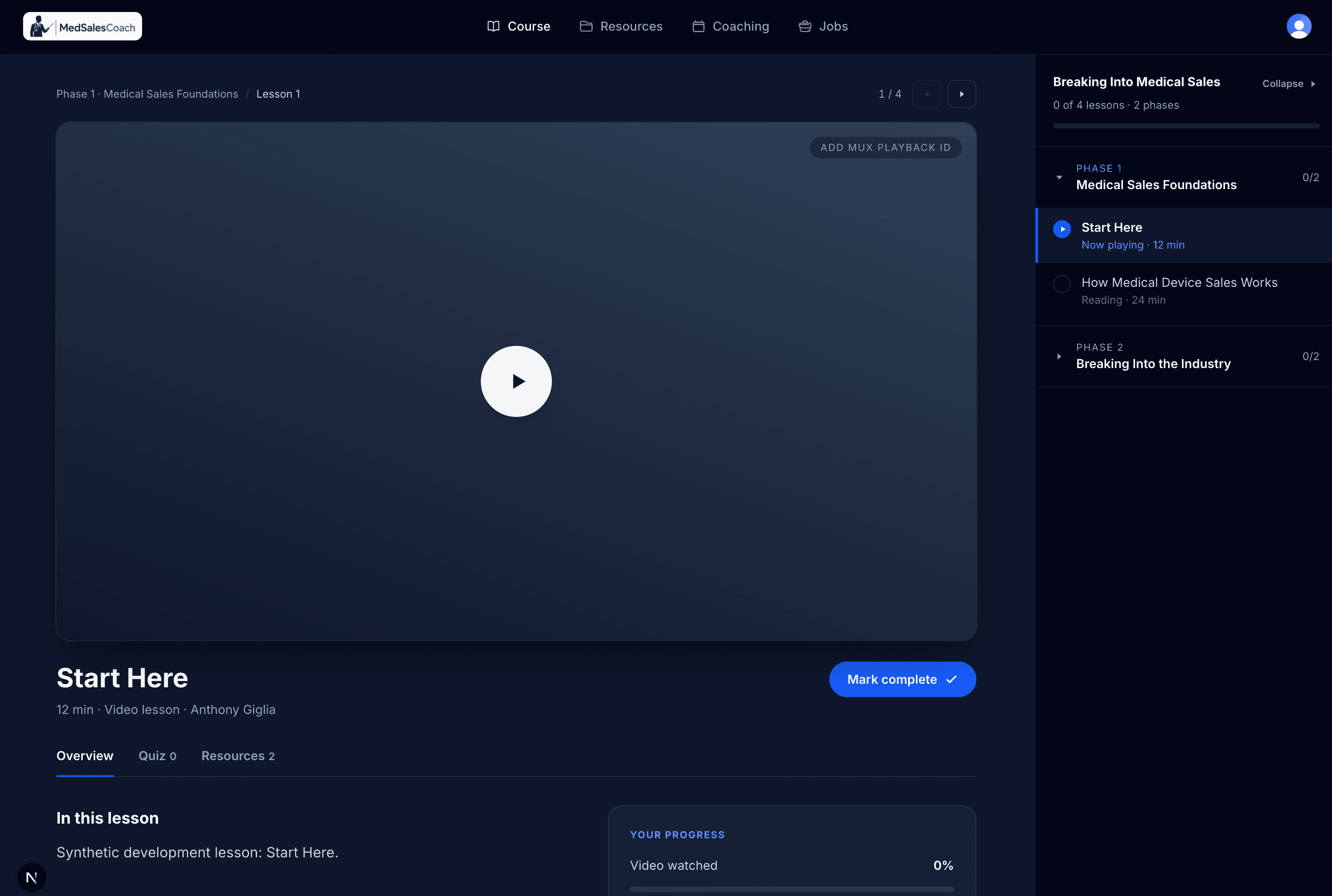 A lesson in the certification platform: video player, lesson overview with quiz and resources tabs, a per-rep progress panel, and a curriculum sidebar showing phases and completion.